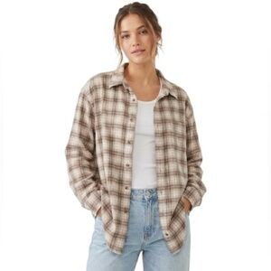 Blue Harbor Flannel Button Down Shirt Tan Cream Brown Plaid Size XXL